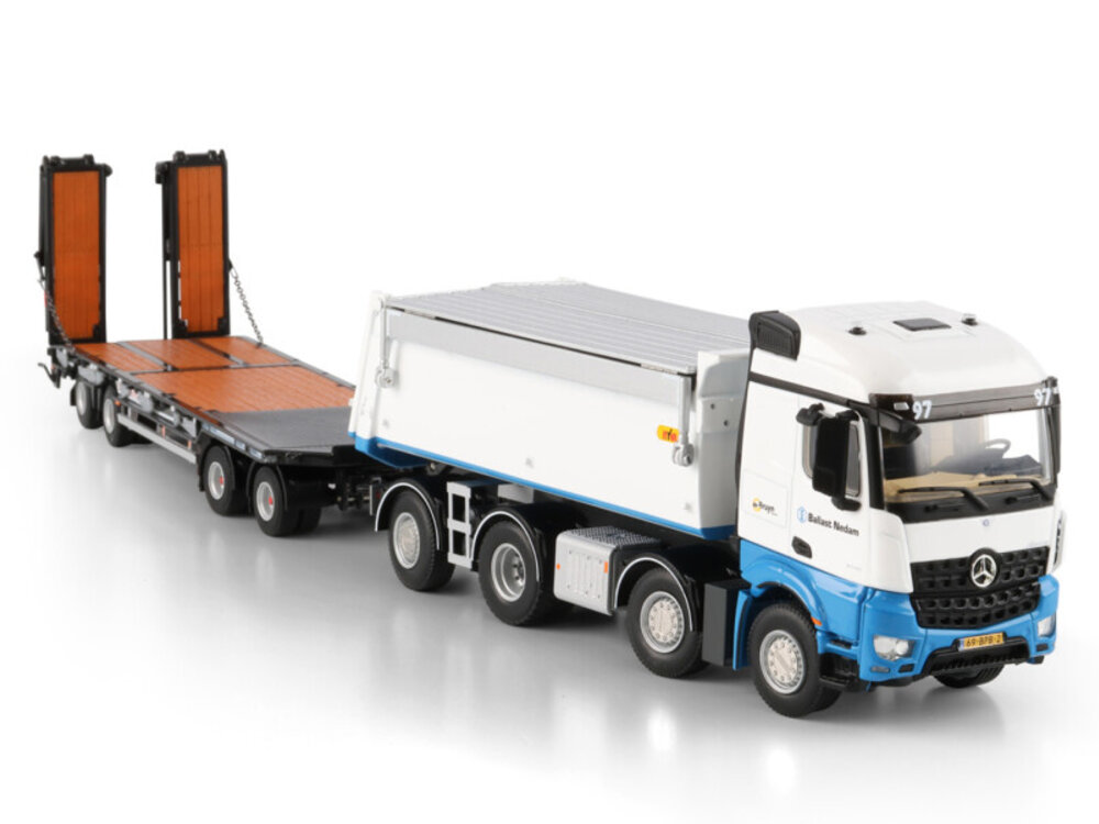 WSI WSI Mercedes Arocs MP4 Stream Space tipper truck 8x2 + 4-axle drawbar lowloader trailer BALLAST NEDAM