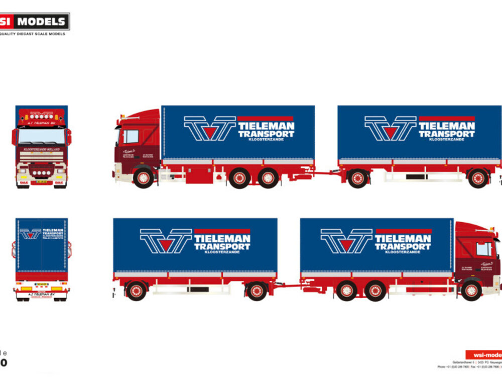 WSI WSI DAF 95XF space cab 6x2 with 5-axle rigid box truck +  drawbar trailer TIELEMAN