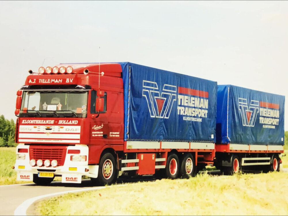 WSI WSI DAF 95XF space cab 6x2 with 5-axle rigid box truck +  drawbar trailer TIELEMAN