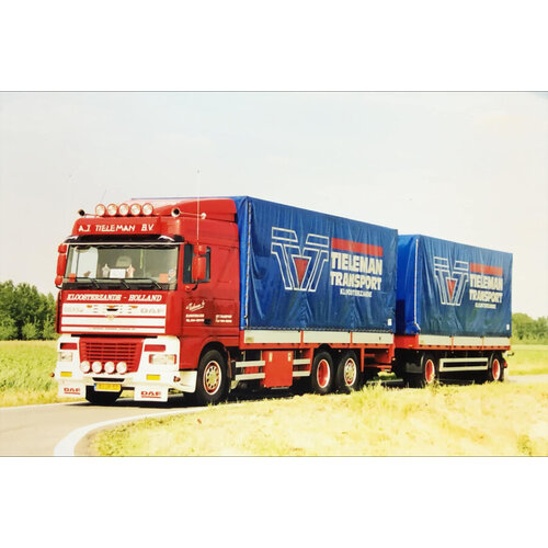WSI WSI DAF 95XF space cab 6x2 with 5-axle rigid box truck +  drawbar trailer TIELEMAN