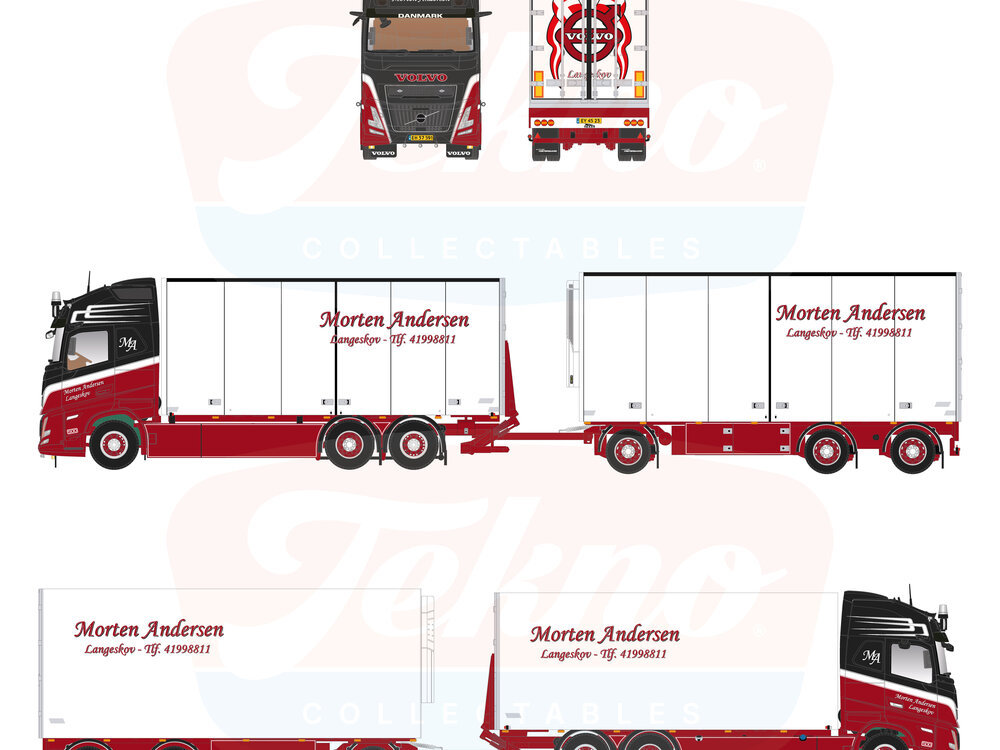 Tekno Tekno Volvo FH Aero Globetrotter XL motorwagen met 3-assige schamelaanhanger MORTEN ANDERSEN