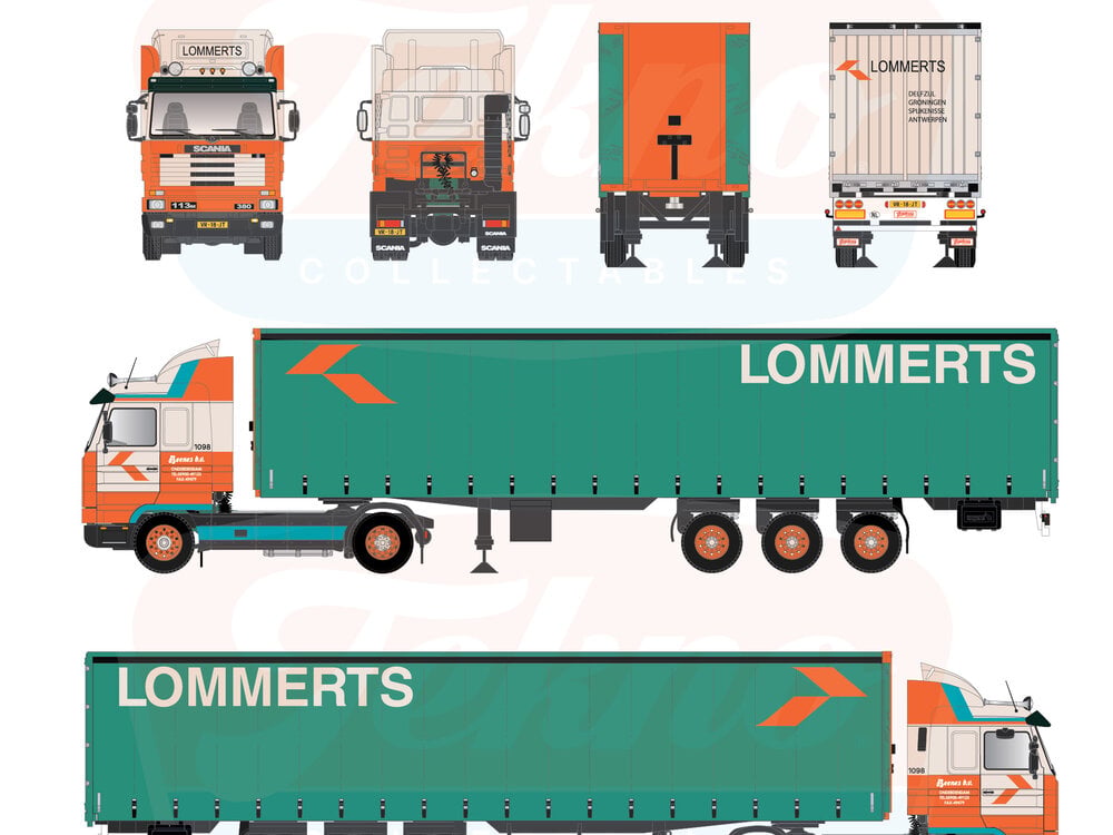 Tekno Tekno Scania 3-serie 113-380 met 3-assige schuifzeilen oplegger LOMMERTS