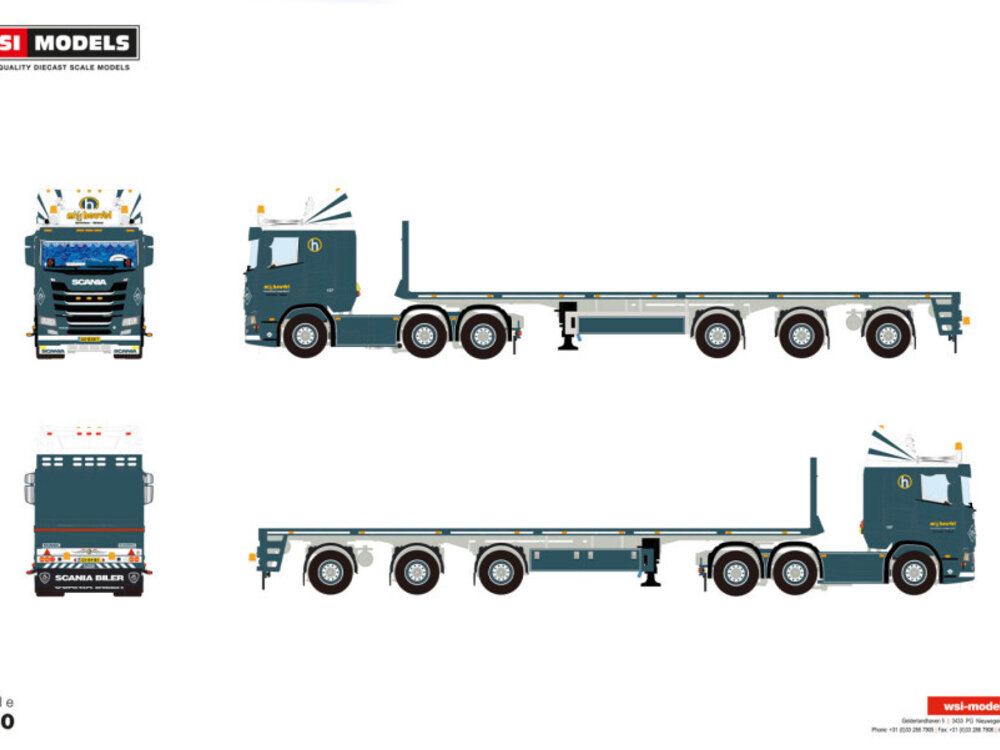 WSI WSI  Scania R flat roof sleeper cab 6x2 with 3-axle flatbed trailer M. VAN DEN HEUVEL