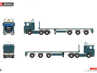 WSI WSI  Scania R flat roof sleeper cab 6x2 with 3-axle flatbed trailer M. VAN DEN HEUVEL