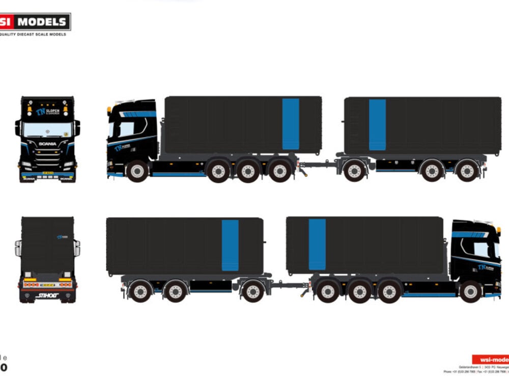 WSI WSI Scania R Highline 8x2 with 7-axle riged truck with hooklift system + 2x 40m3 container TN SLOPEN & SANEREN