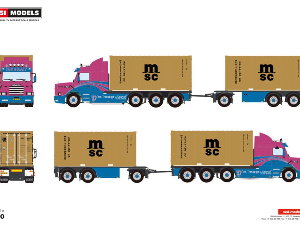 WSI WSI Scania 143H Torpedo 8x2 met 3-as container oplegger + 2x20ft. container  VAN DRUNEN
