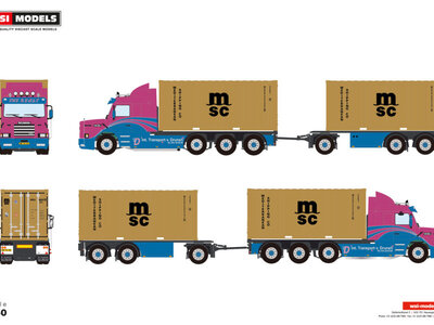 WSI WSI Scania 143H Torpedo 8x2 rigid truck with 3-axle trailer + 2 x 20ft. container VAN DRUNEN