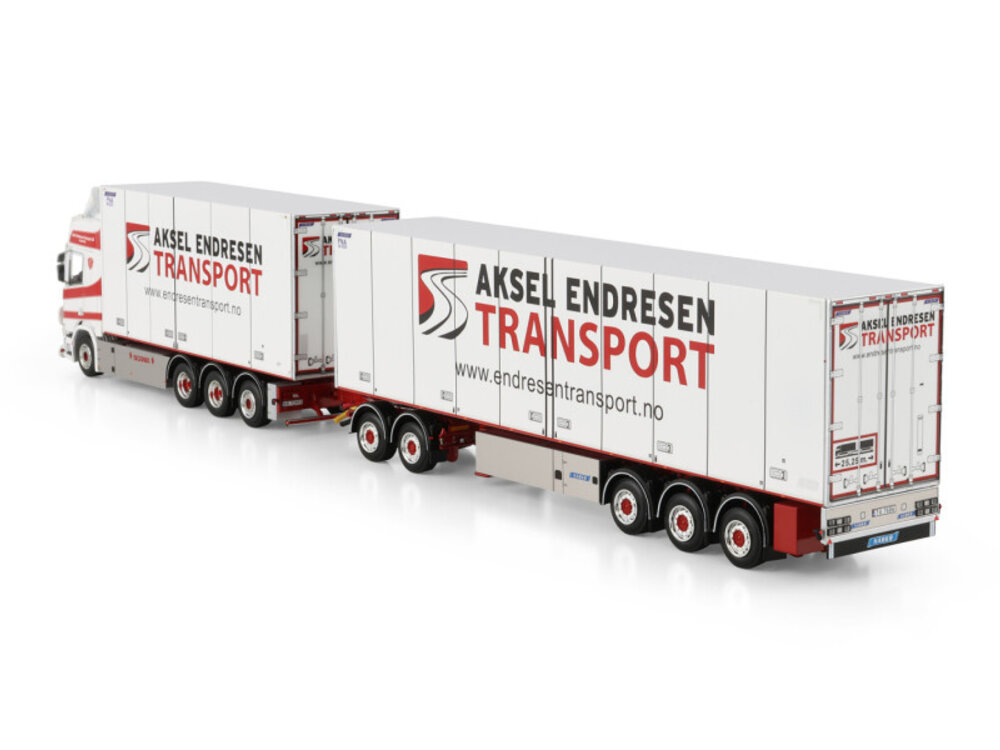 WSI WSI Scania R Highline Riged Box Truck 8x4 met 3-assige koeloplegger + dolly AKSEL ENDRESEN