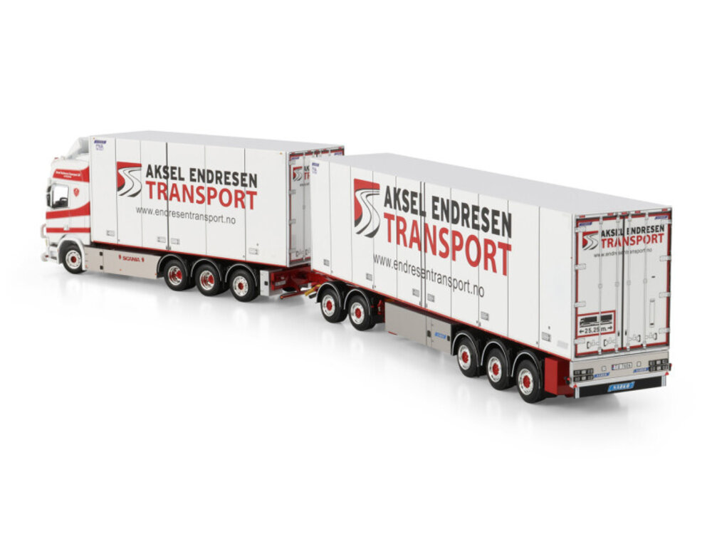 WSI WSI Scania R Highline Riged Box Truck 8x4 met 3-assige koeloplegger + dolly AKSEL ENDRESEN