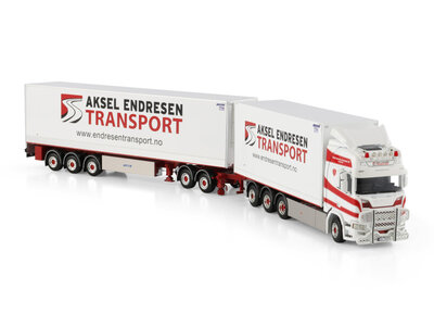 WSI WSI Scania R Highline Riged Box Truck 8x4 met 3-assige koeloplegger + dolly AKSEL ENDRESEN