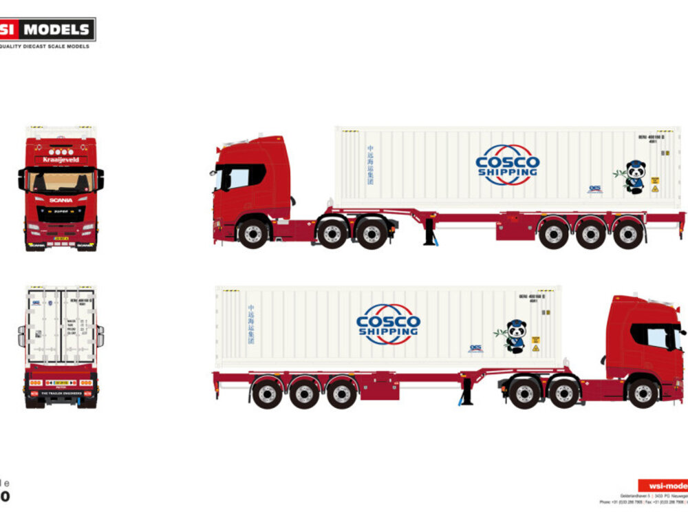 WSI WSI Scania R Highline 6x2 with 3-axle flex container trailer + 40ft reefer container thermoking KRAAIJEVELD