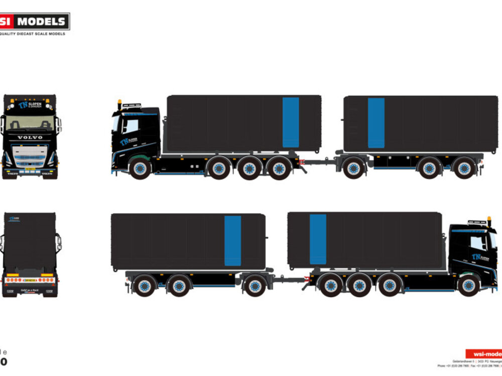 WSI WSI Volvo FH5 Sleeper cab 8x2 met 7-assige container combi oplegger met haakarm systeem + 2x 40m3 container TN SLOPEN & SANEREN