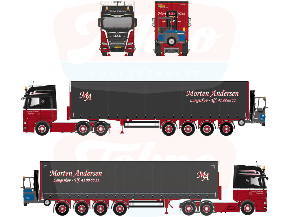 Tekno Tekno MAN TGX GX met 4-assige schuifzeiloplegger en Terberg kooiaap MORTEN ANDERSEN