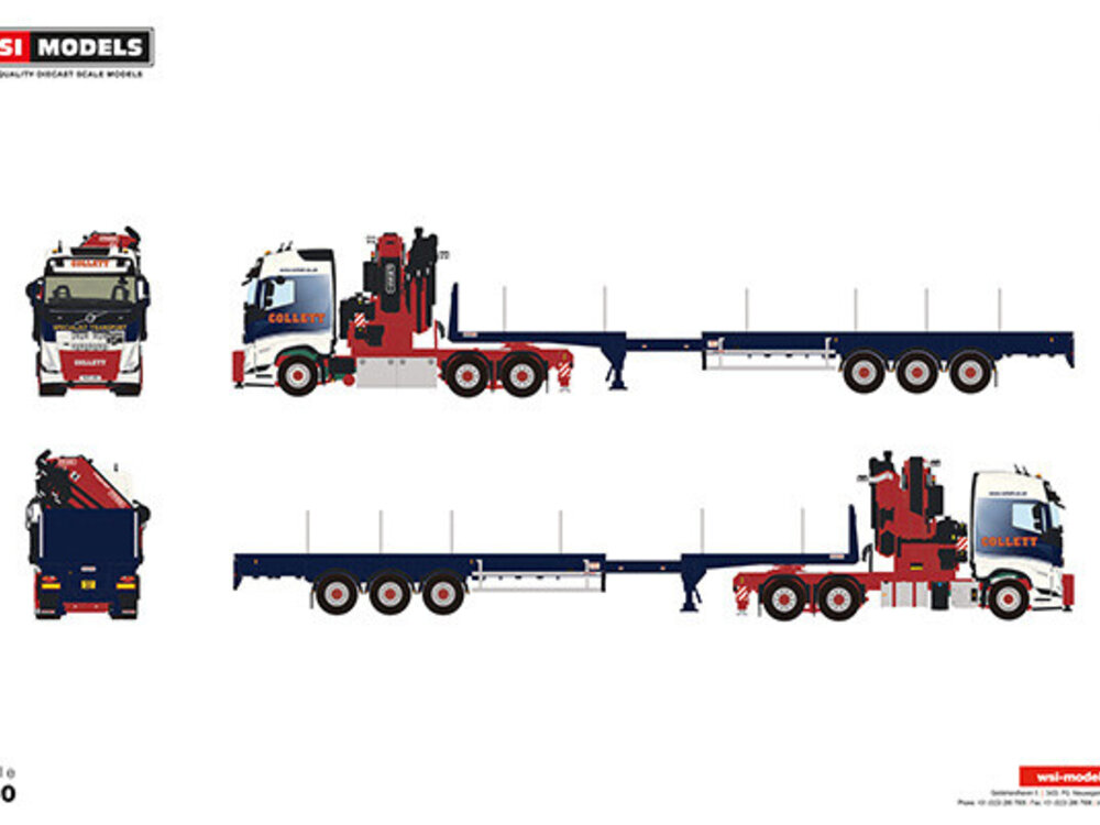 WSI WSI Volvo FH5 Glob. 6x4 with fassi 1100 + 3-axle flatbed trailer COLLETT