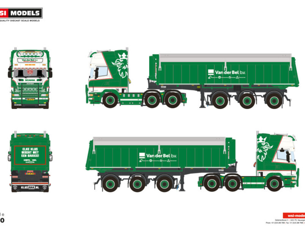 WSI WSI Scania 4 serie topline 6x2 with 3-axle tipper  trailer VAN DER BEL