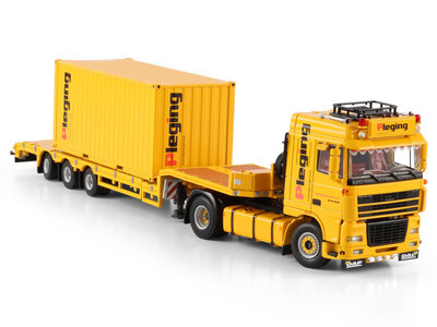 WSI WSI DAF XF 95 Space Cab 4x2  met 3-assige dieplader + 20ft container PLEGING