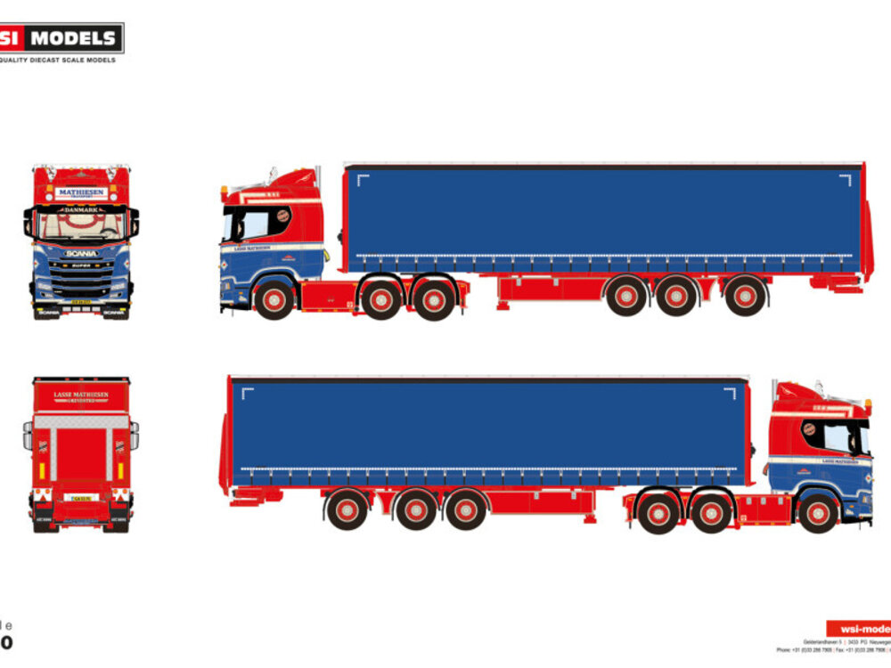 WSI WSI Scania R Normal 6x2 met 3-as tridec schuifzeilen oplegger LASSE MATHIESEN