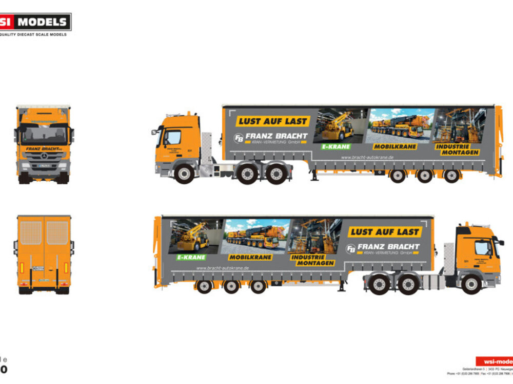 WSI WSI Mercedes-Benz Actros MP3 L 6x4  with 3-axle semi with curtain and ramps FRANZ BRACHT KG