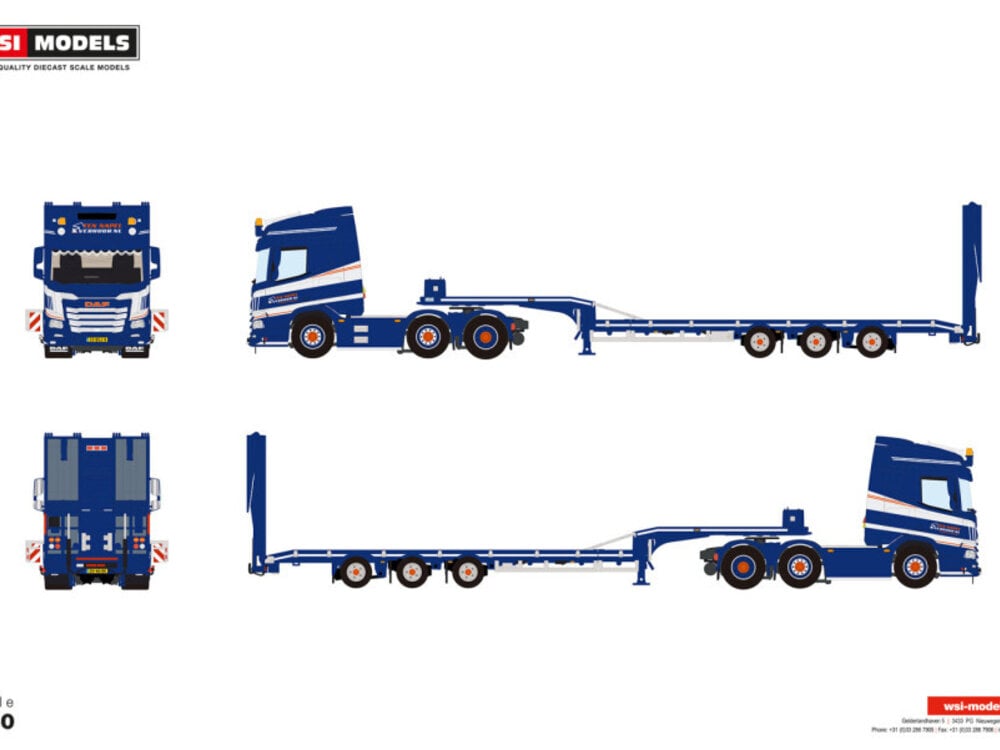 WSI WSI DAF XD met dak verlichting 6x2 met 3-as dieplader + oprijplaten TEN NAPEL VERHUUR