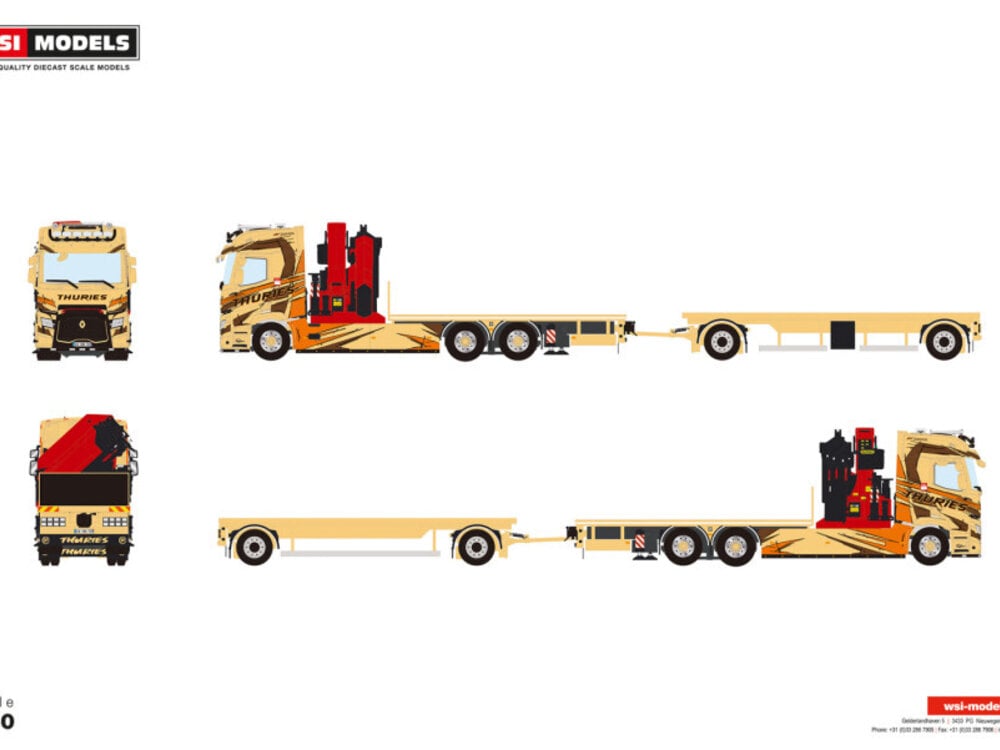 WSI WSI Renault trucks T EVO riged flatbed truck 6x2 with 2-axle flatbed trailer with palfinger PK 65002 SH+ jib THURIES