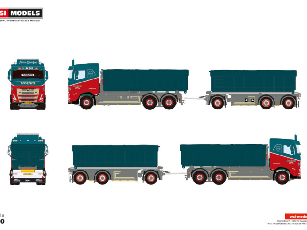 WSI WSI Volvo FH5 Sleeper cab 6x2 met 6-assige container combi oplegger met haakarm systeem + 2x 15m3 container SOREN JUNCHER