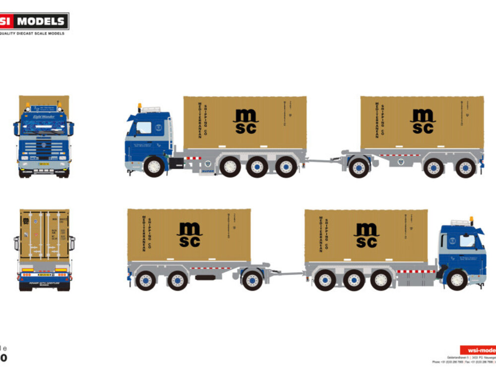 WSI WSI Scania 3 series streamline 8x2 rigid truck + 3-axle trailer container combi VAN WONDEREN BEESD
