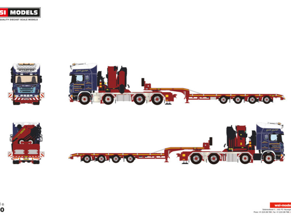 WSI WSI Scania R6 Topline 8x4 with 4-axle semi lowloader + Palfinger PK 150002 SH MC FADYENS