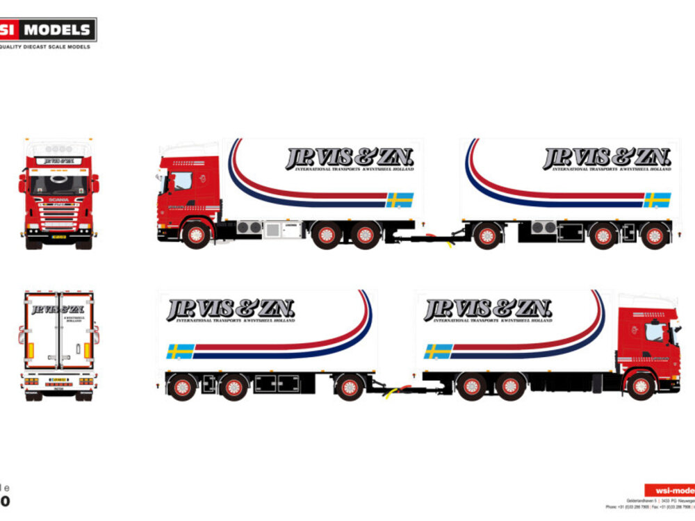 WSI WSI Scania R5 Topline 6x2 rigid truck with 3-axle drawbar reefer trailer JP VIS & ZN.