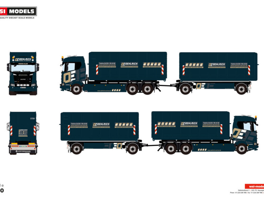 WSI WSI Scania R Normal 6x2 motorwagen met haakarm systeem met 2-assige container trailer+ 2 x container OEHLRICH
