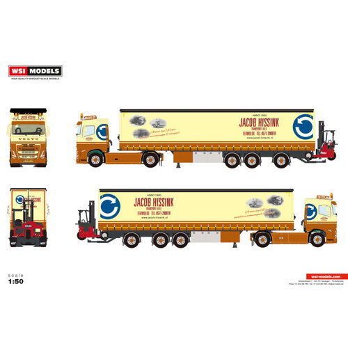 WSI WSI Volvo FH5 Sleeper Cab met 3-as schuifzeilenoplegger + heftruck JACOB HISSINK