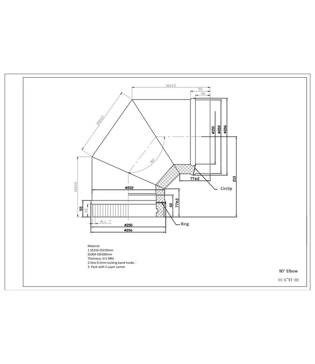Fumio Bocht 90° dubbelwandig Ø200/Ø150mm 0,5mm RVS