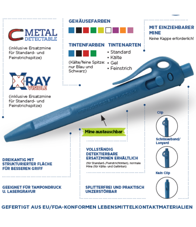 Stylo à bille détectable, poignée triangulaire avec mécanisme d'enroulement (Paquet de 50 pièces)