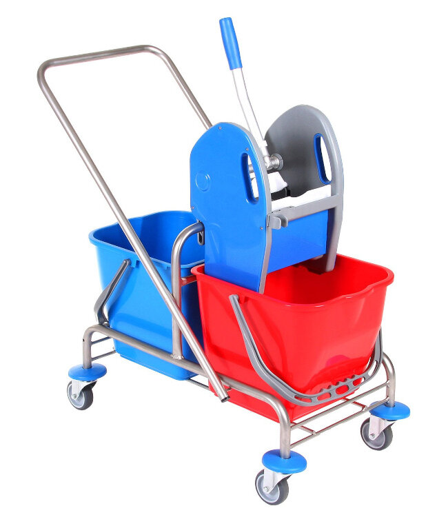 Chariot à roulettes double avec presse à mop et poignée de pousse, acier inoxydable, 2 seaux de 17 l