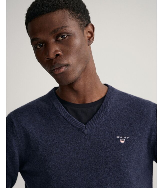lamswollen v-hals trui marine melange