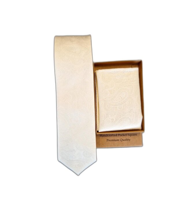 Progetto Premium stropdas + pochet paisley ivoor