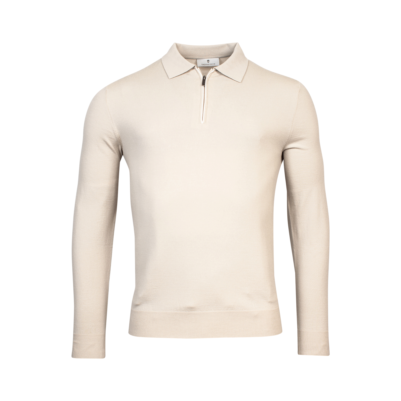 Thomas Maine pullover met korte rits en polokraag beige