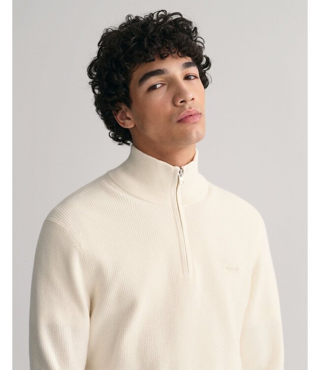 katoen-wolmix geribde zip trui creme