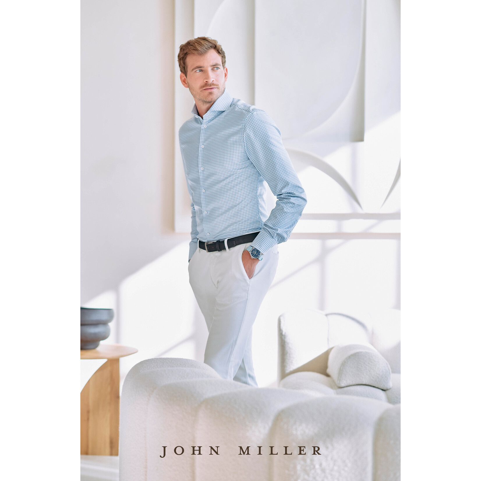 John Miller slim fit strijkvrij overhemd lichtblauw ruit