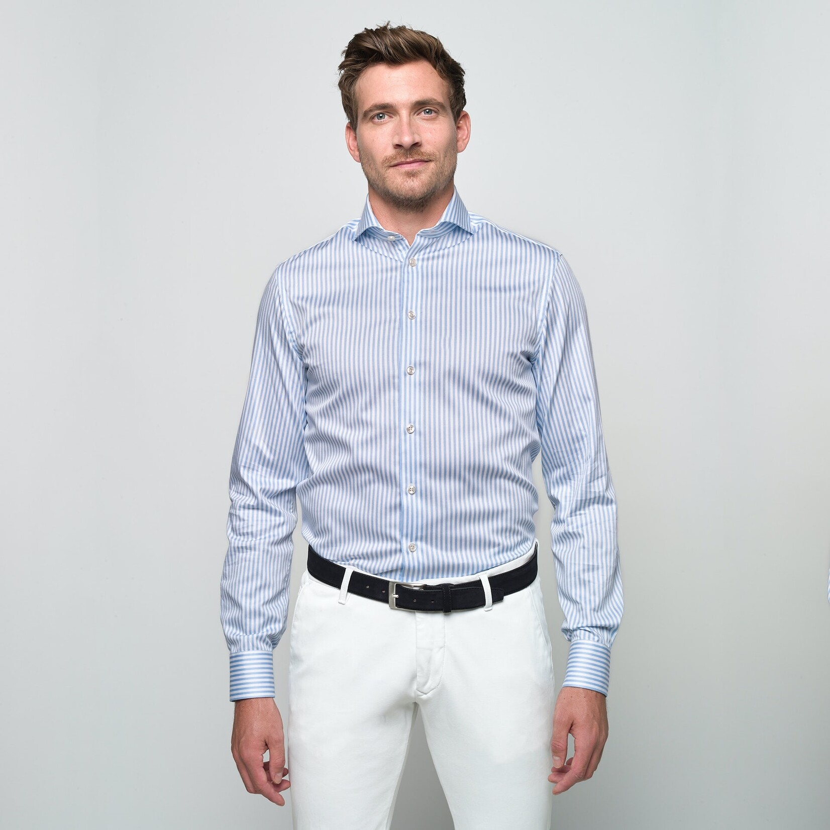 John Miller slim fit stretch overhemd lichtblauw streep