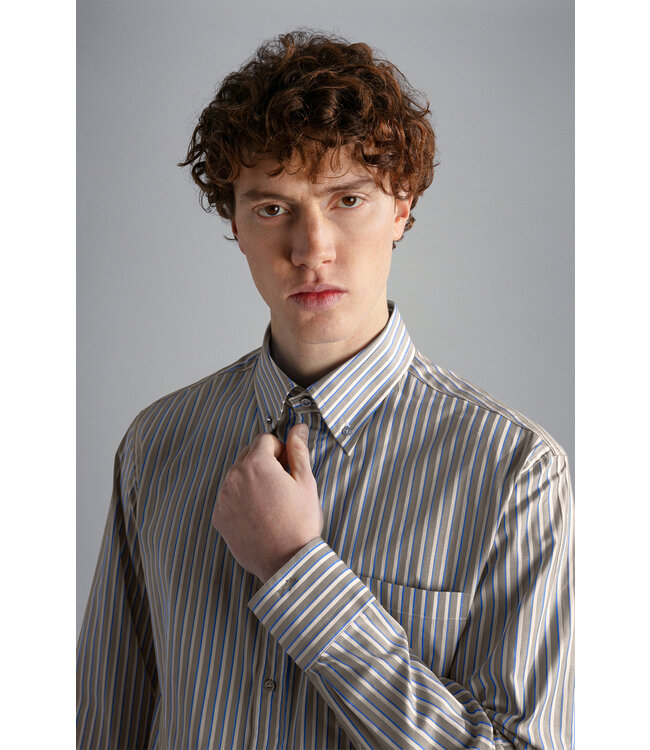 regular fit twill overhemd beige streep