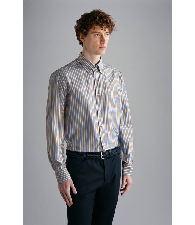 regular fit twill overhemd beige streep