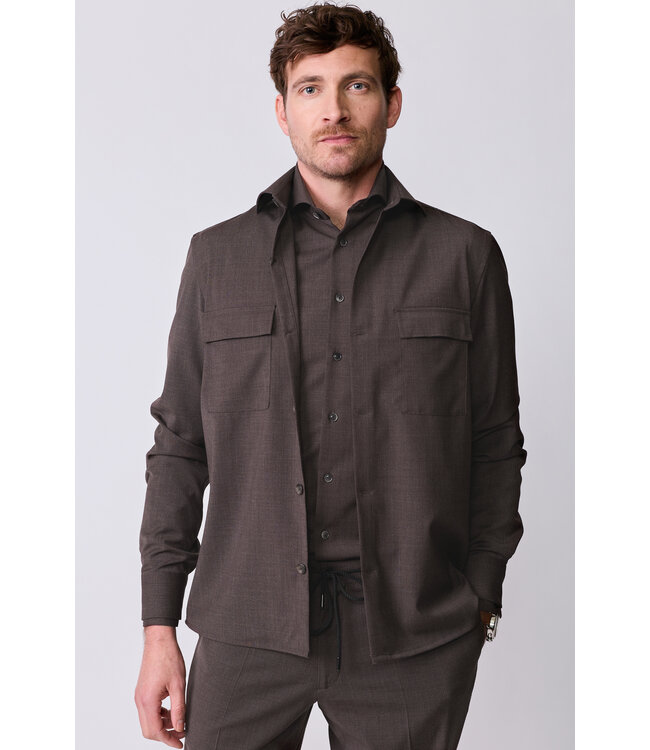 slim fit wol stretch overhemd bruin