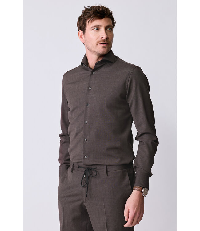 slim fit wol stretch overhemd bruin