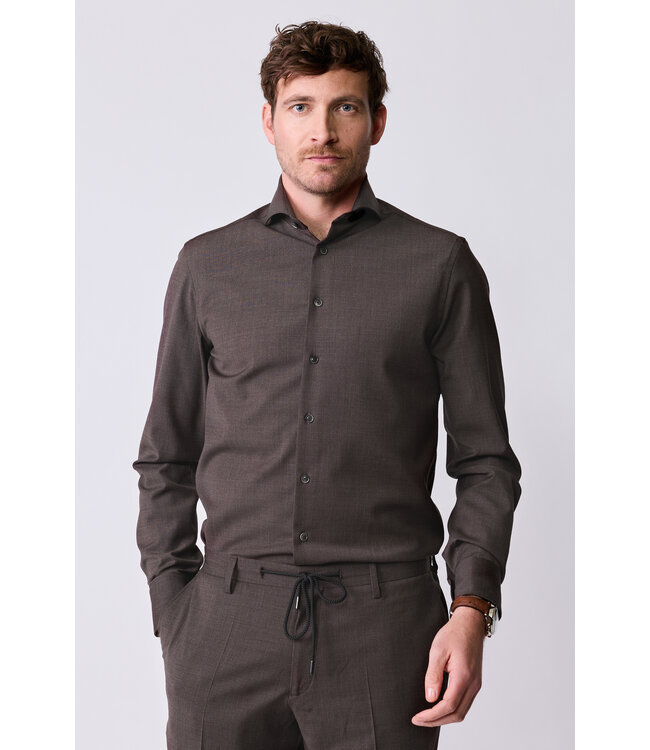 slim fit wol stretch overhemd bruin