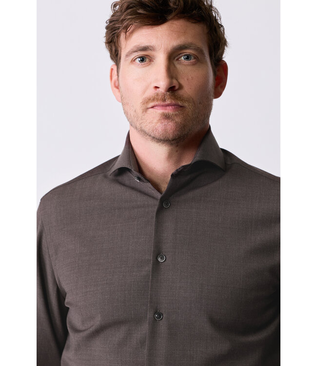 slim fit wol stretch overhemd bruin
