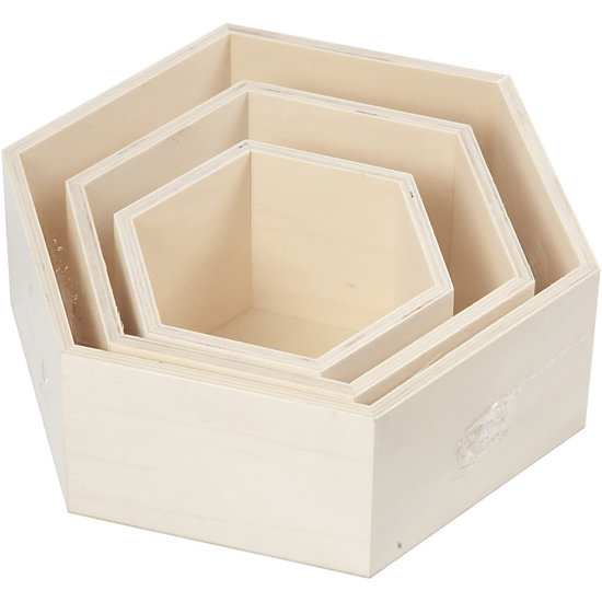 Creotime Houten homedeco doos, Hexagonaal set 3st