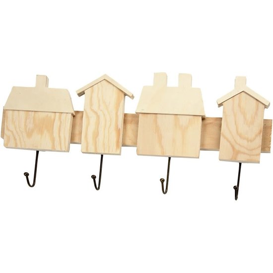 Creotime Houten jassenrek kapstokje huisjes lengte 35cm