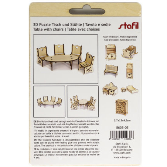 Stafil SpA Houten 3D Poppen huis Miniaturen Tafel & Stoelen 4,3x5,7x13cm