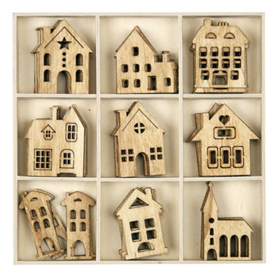 Stafil SpA Houten ornament, ca 5cm./2mm. Huis of Kerk, per stuk