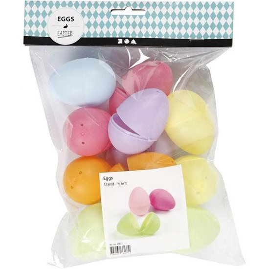 Creotime Eieren plastic 12st. Pastelkleuren H: 6 cm. D 4 cm.